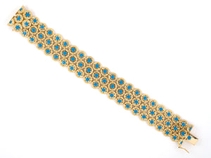 73816 - Circa 1960 Italy Gold Turquoise Enamel Floral Circular Link Flexible Bracelet