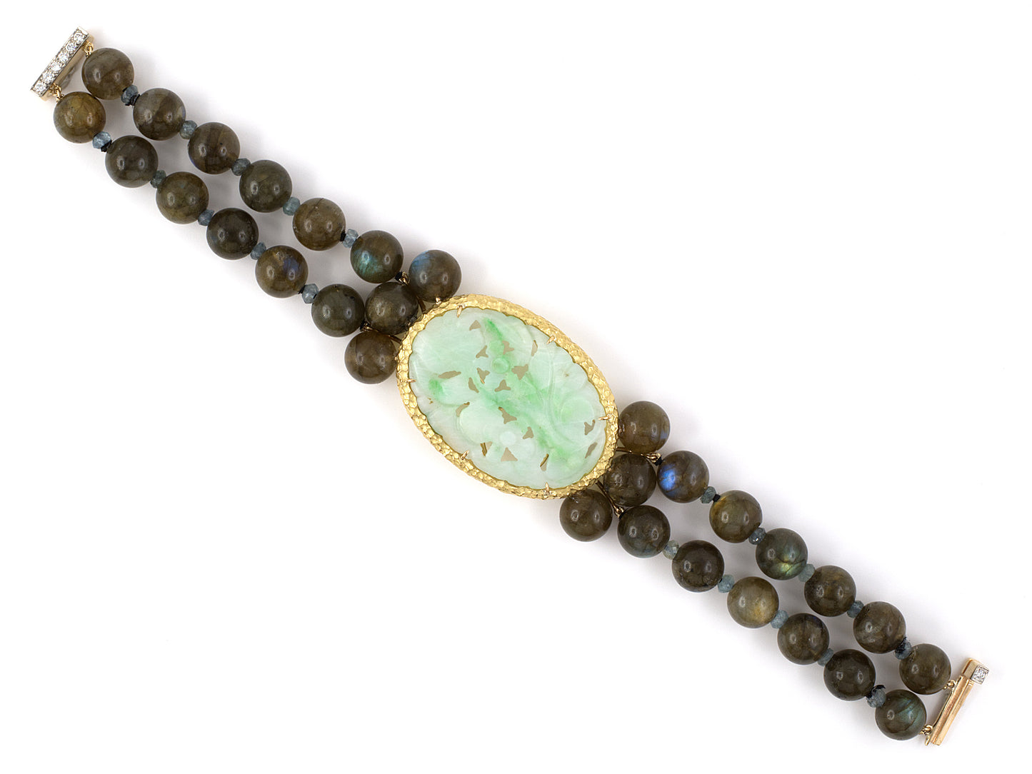 73818 - Gold Diamond Carved Jadeite With Labradorite Beads 2 Strand Bracelet