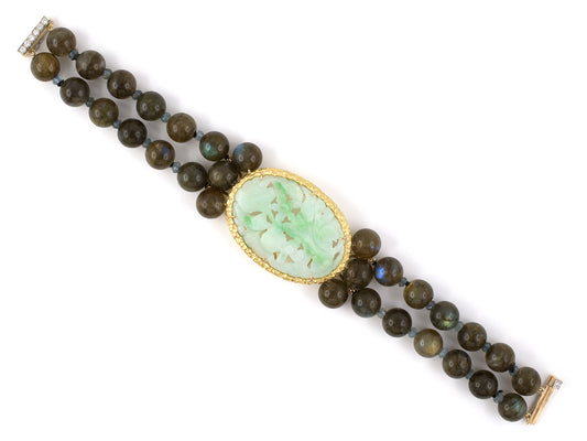 73818 - Gold Diamond Carved Jadeite With Labradorite Beads 2 Strand Bracelet