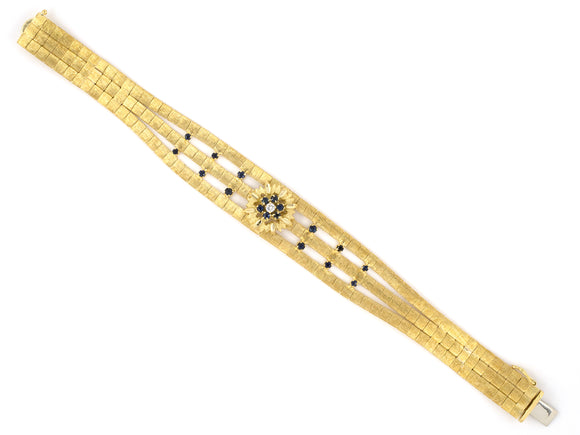 73819 - SOLD - Italy Gold Diamond Sapphire Cluster 3 Row Florentined Bracelet