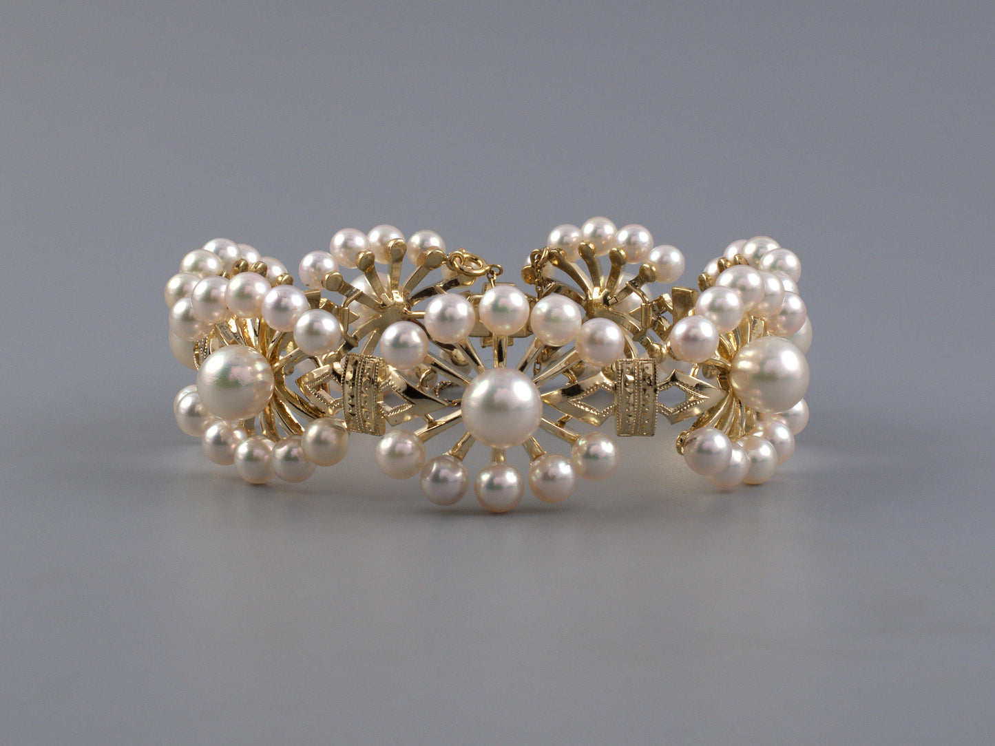 73821 - Mikimoto Gold Pearl Floral Cluster 7 Sections Links Bracelet