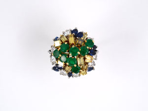 900262 - Platinum Gold Diamond Emerald Sapphire Cocktail Ring