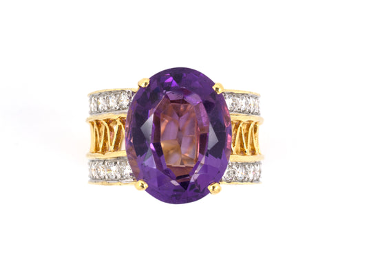 900409 - SOLD - Gold Amethyst Diamond Oval Open Ring