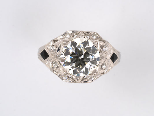 900555 - SOLD - Art Deco Platinum Diamond Black Onyx Chased Engagement Ring