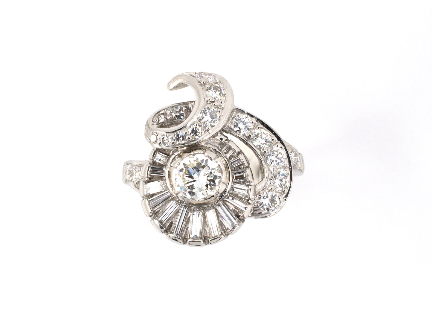 900570 - SOLD - Circa 1950 Platinum Diamond Cluster Ribbon Swirl Cocktail Ring