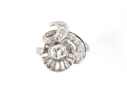 900570 - SOLD - Circa 1950 Platinum Diamond Cluster Ribbon Swirl Cocktail Ring