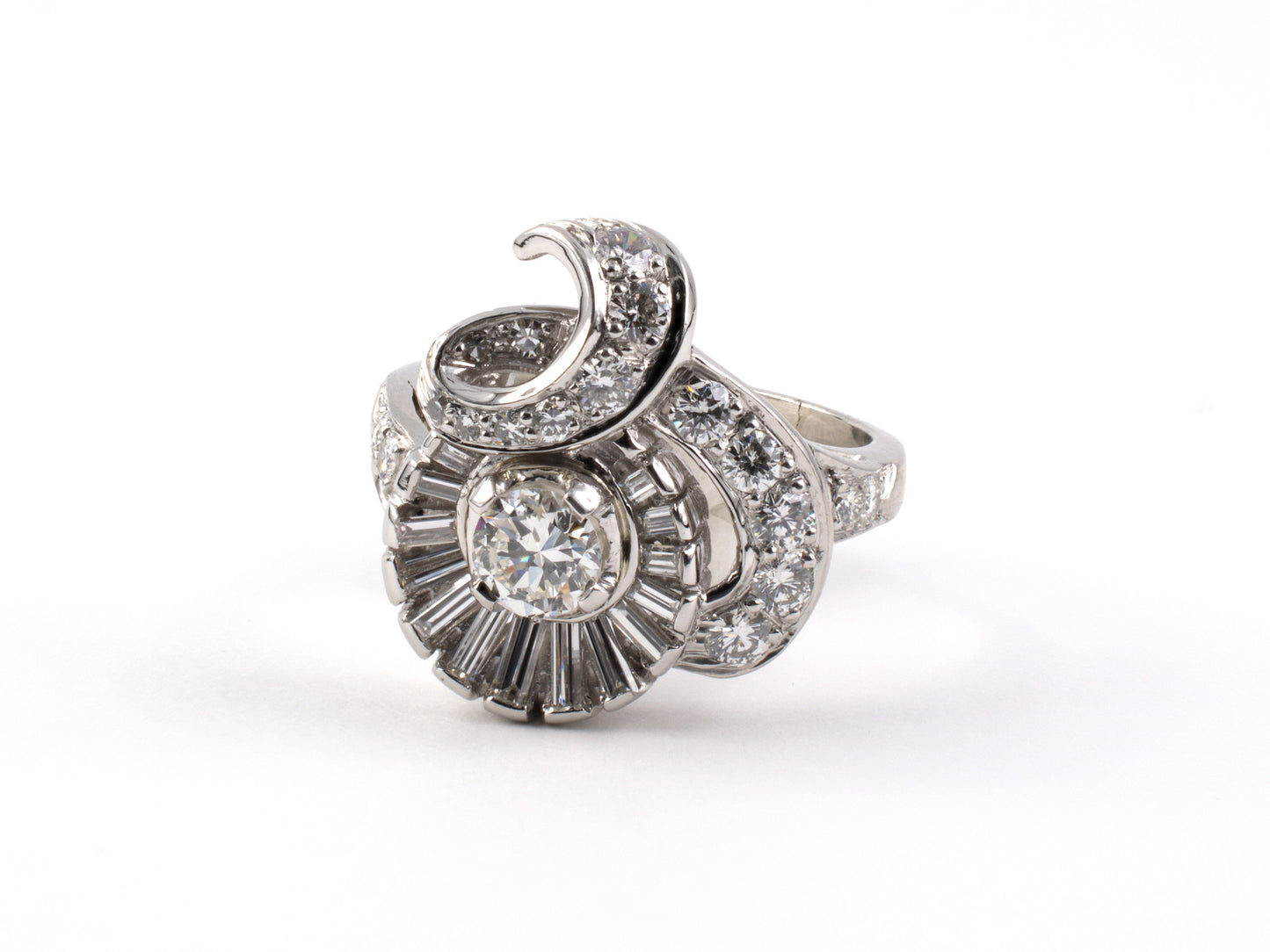900570 - SOLD - Circa 1950 Platinum Diamond Cluster Ribbon Swirl Cocktail Ring