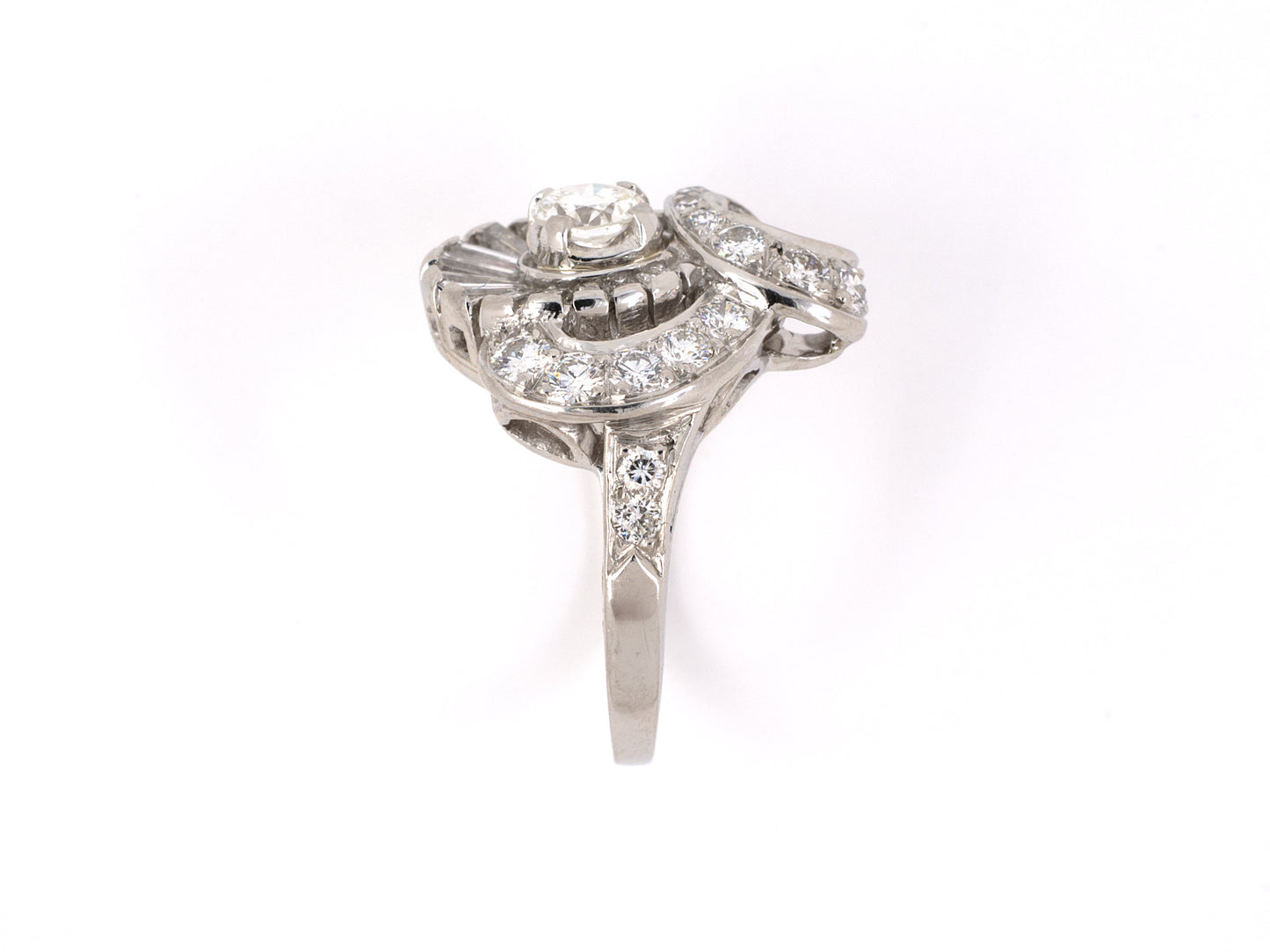 900570 - SOLD - Circa 1950 Platinum Diamond Cluster Ribbon Swirl Cocktail Ring