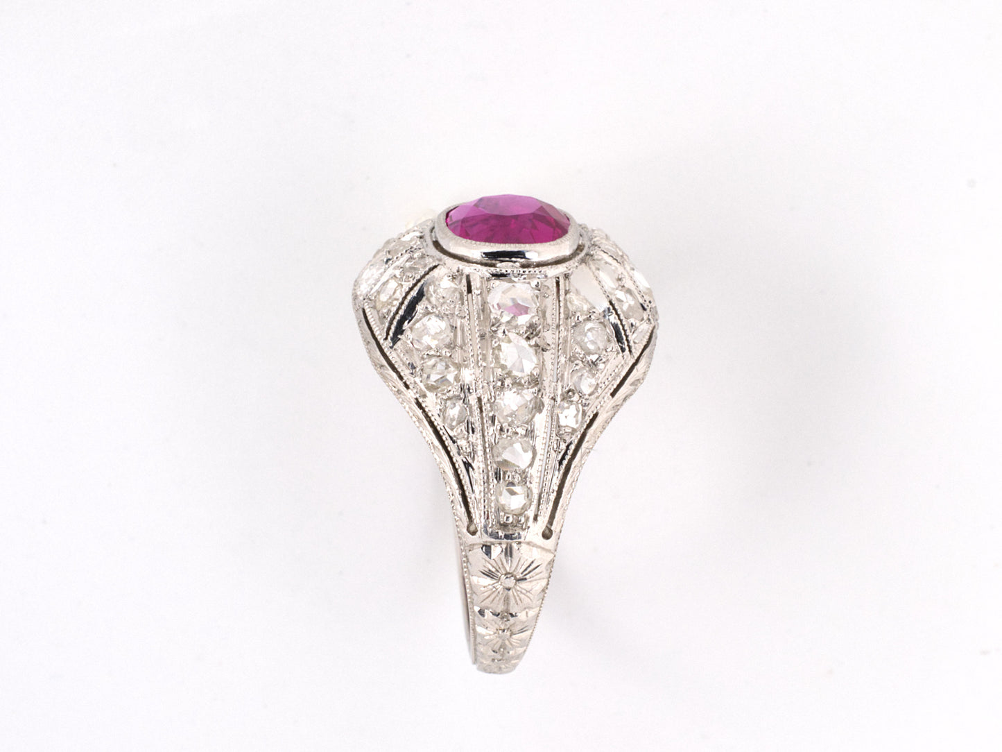 900684 - Art Deco Platinum AGL Burma Ruby Diamond Chased Engagement Ring