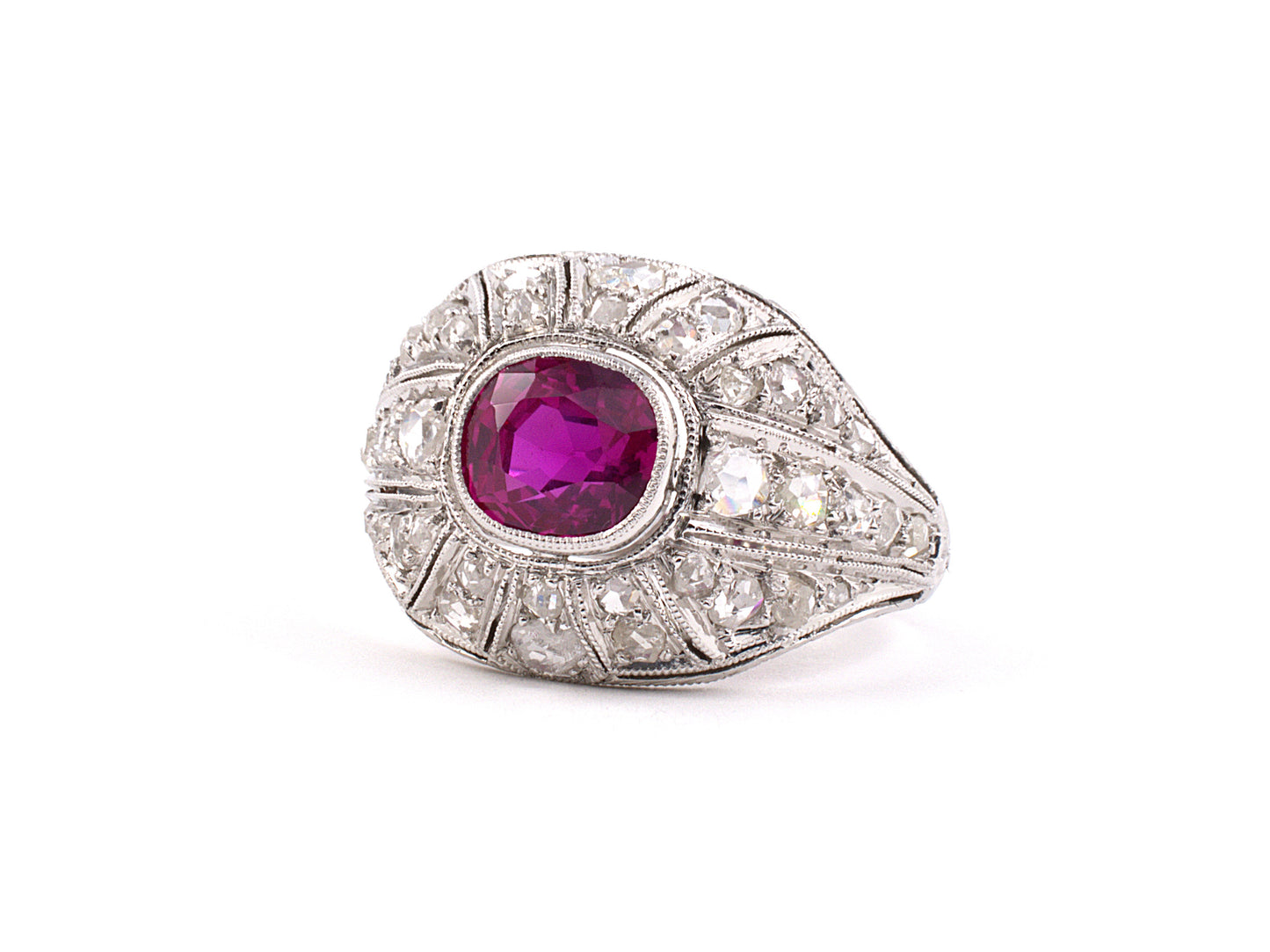 900684 - Art Deco Platinum AGL Burma Ruby Diamond Chased Engagement Ring