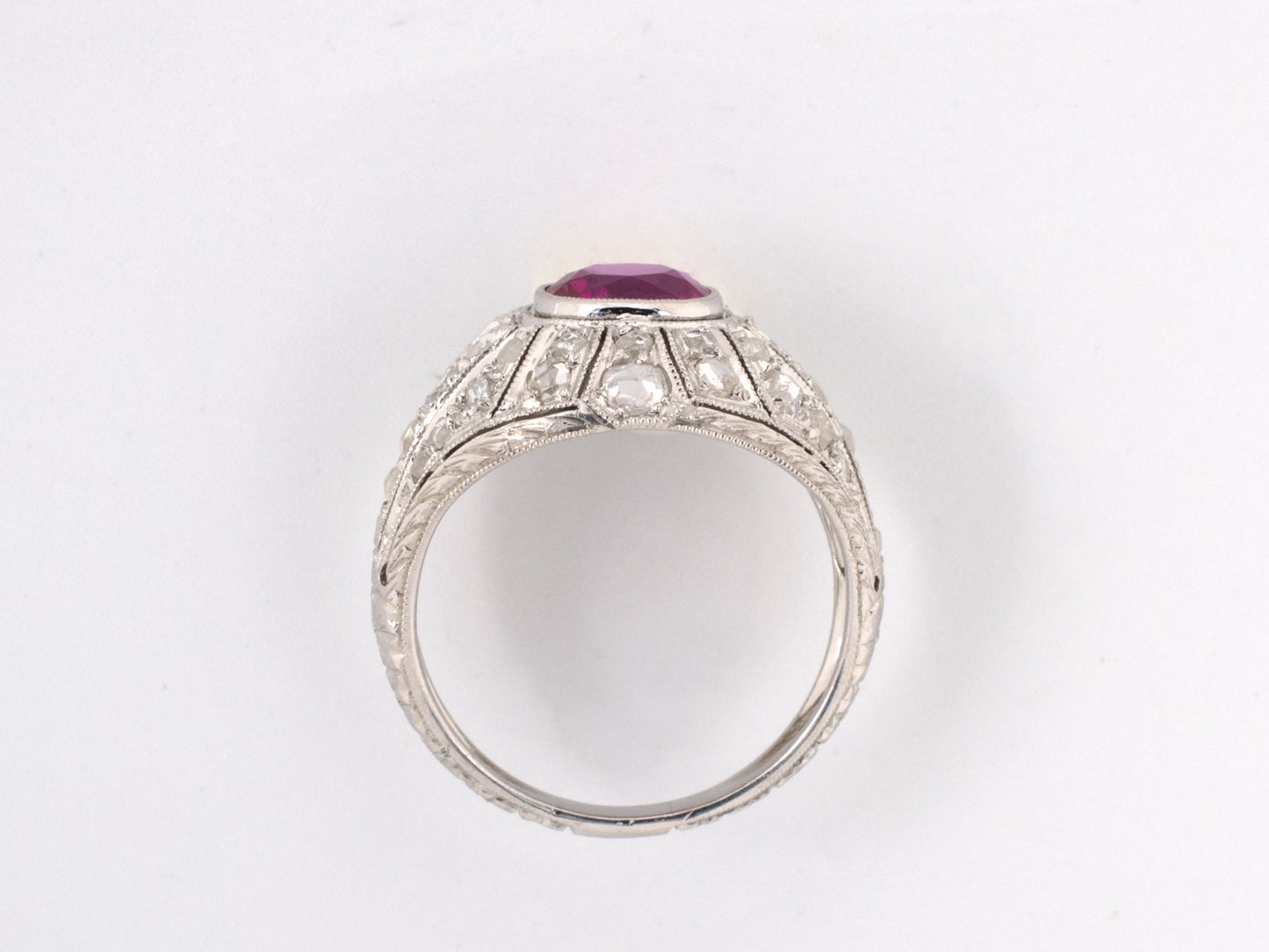 900684 - Art Deco Platinum AGL Burma Ruby Diamond Chased Engagement Ring