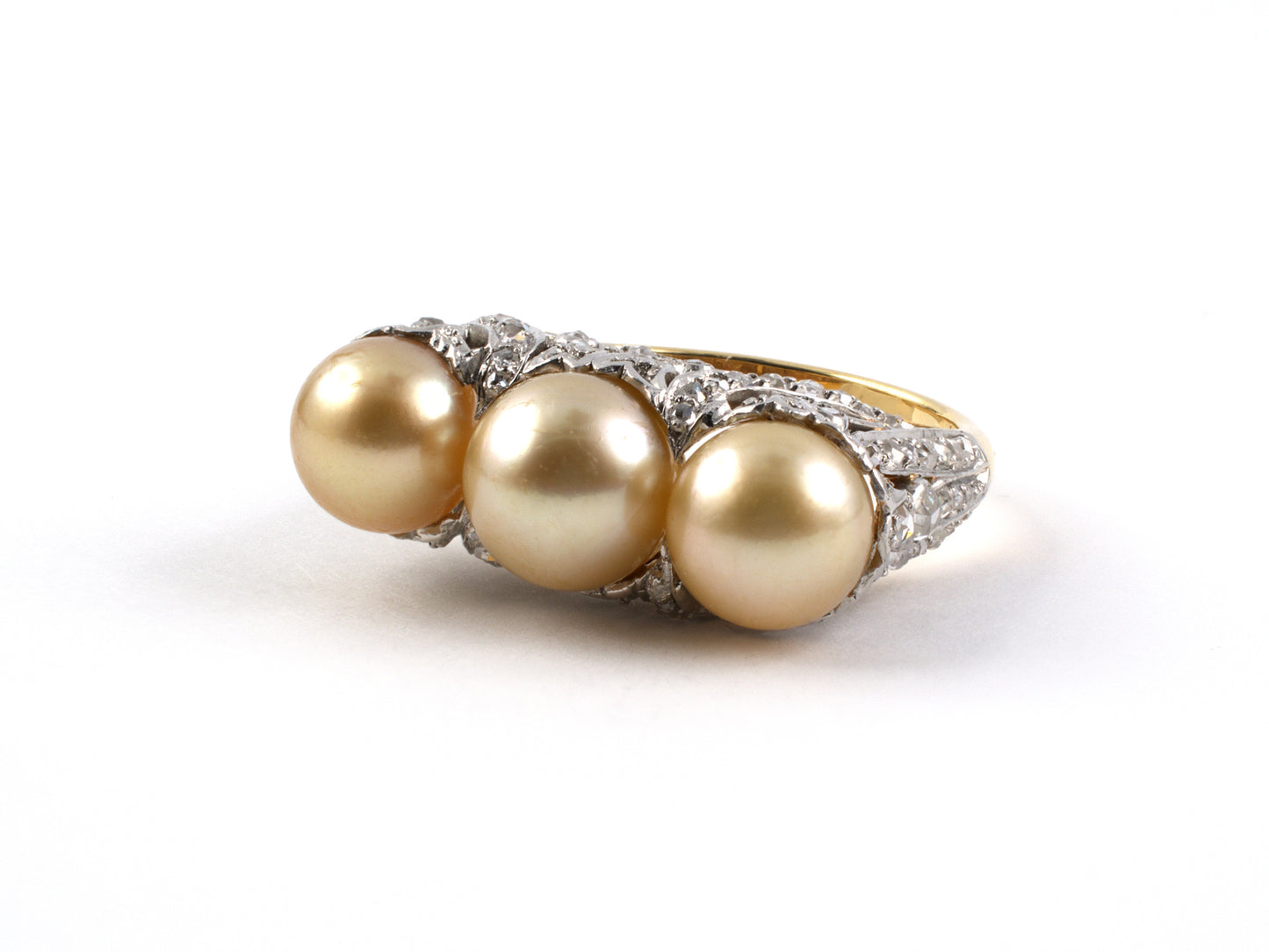 900890 - SOLD - Edwardian Black Starr Frost Platinum Gold Pearl Diamond 3 Stone Ring
