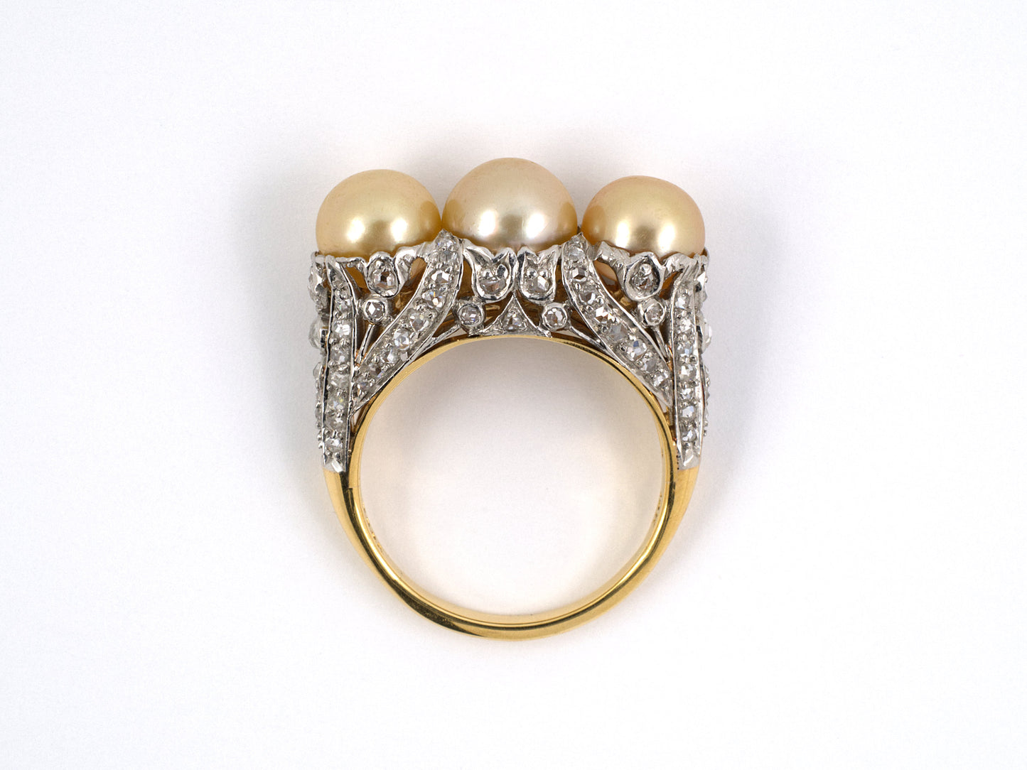 900890 - SOLD - Edwardian Black Starr Frost Platinum Gold Pearl Diamond 3 Stone Ring