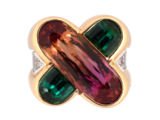 900905 - Gold Platinum Pink Orange GreenTourmaline Diamond Cocktail Ring