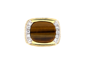 900951 - Circa 1970s Gold Tigers Eye Diamond Gents Pinky Ring