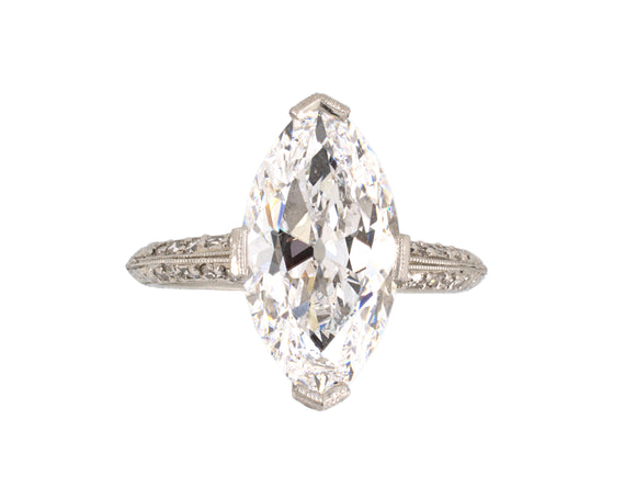 901020 - Art Deco Platinum GIA Marquise Diamond Chased Engagement Ring