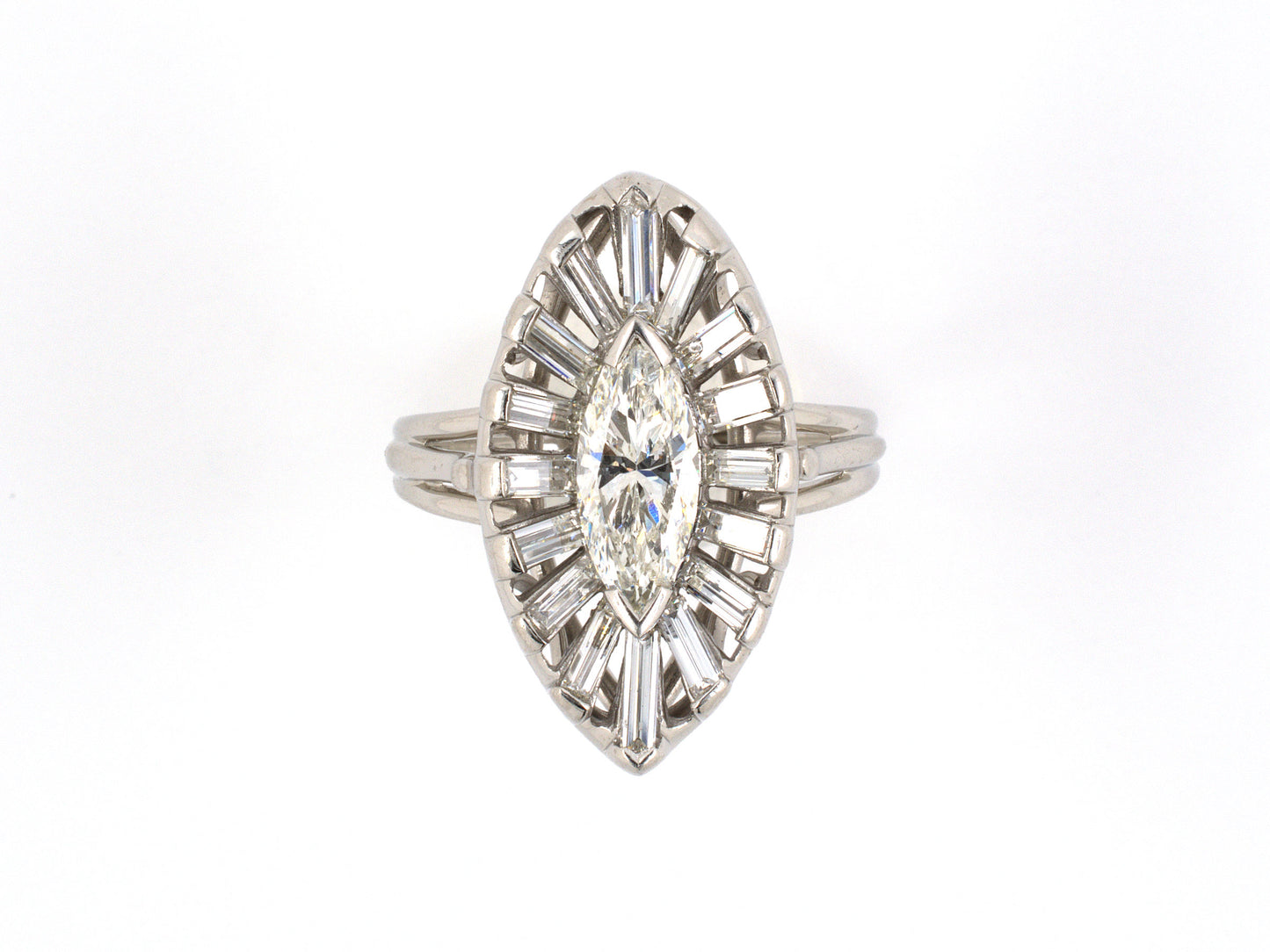 901025 - SOLD - Circa 1955 Platinum Diamond Cluster Navette Dinner Ring