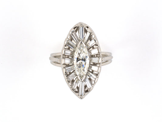901025 - SOLD - Circa 1955 Platinum Diamond Cluster Navette Dinner Ring