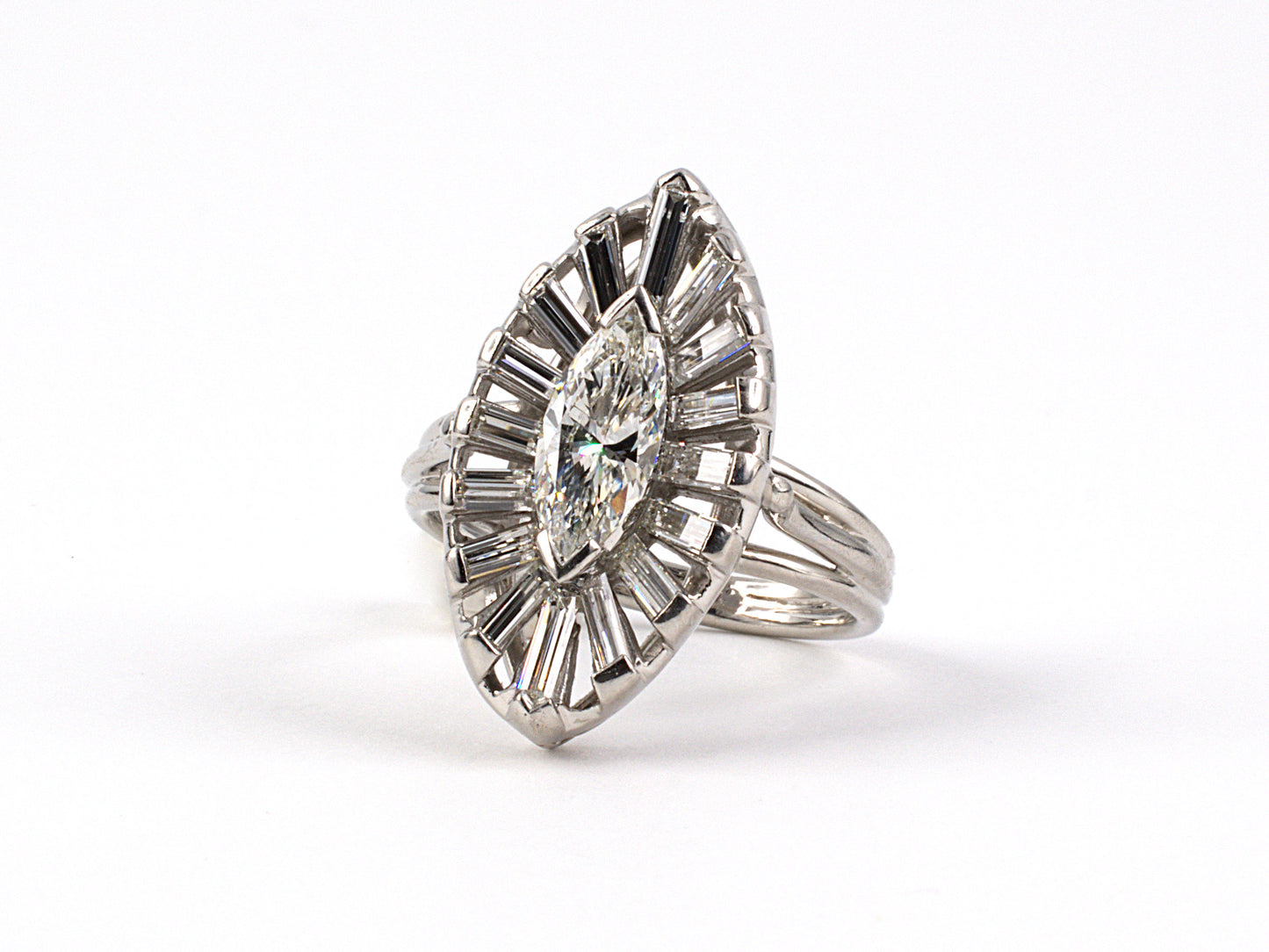 901025 - SOLD - Circa 1955 Platinum Diamond Cluster Navette Dinner Ring