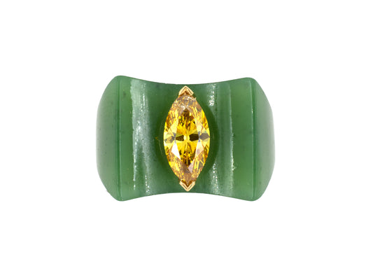 901061 - Gold Fancy Vivid Orangy Yellow Diamond Nephrite Jade Dinner Ring