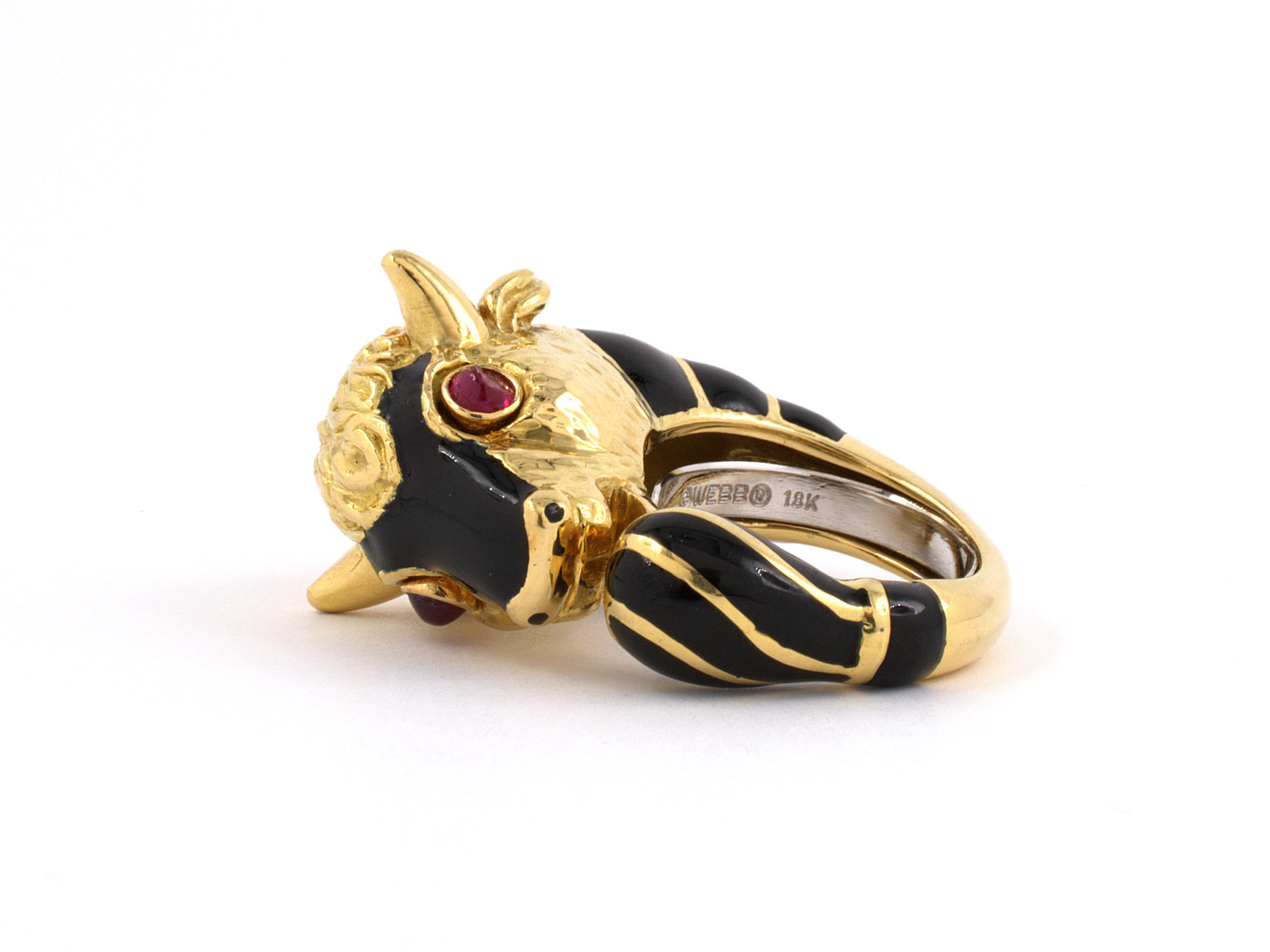 901146 - Webb Gold Ruby Black Enamel Bull's Head Ring