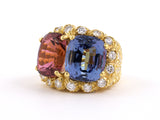 901238 - SOLD - Gold Tourmaline Tanzanite Diamond 2-Stone Cocktail Ring