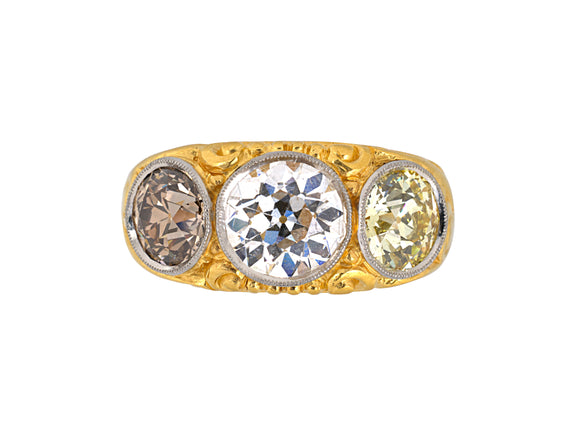 901242 - Victorian Gold GIA Diamond Carved 3-Stone Gents Ring