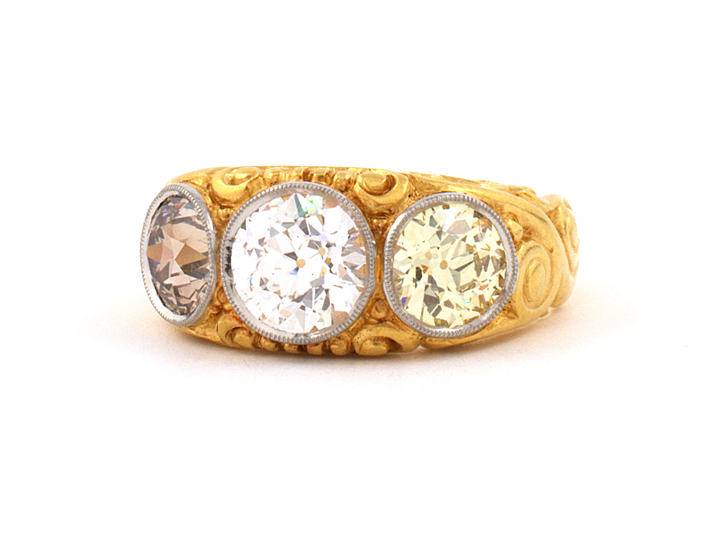 901242 - Victorian Gold GIA Diamond Carved 3-Stone Gents Ring