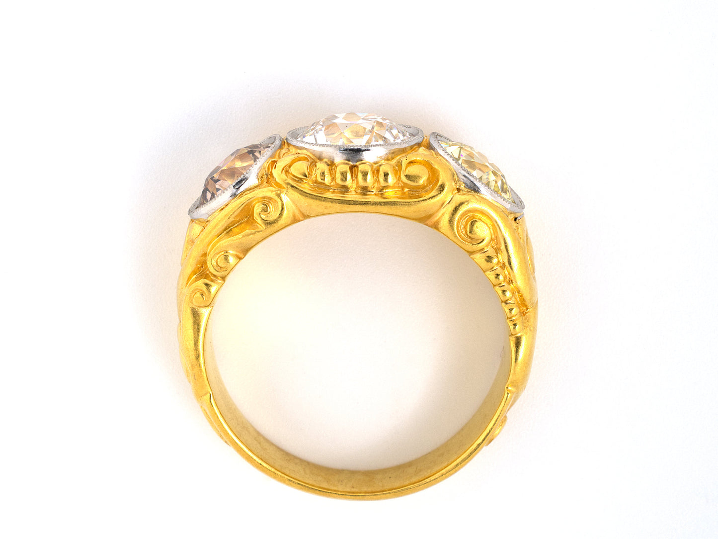 901242 - Victorian Gold GIA Diamond Carved 3-Stone Gents Ring