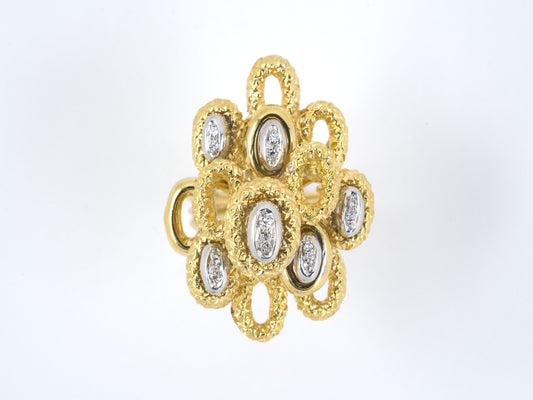901390 - SOLD - Gold Diamond Tiered Carved Oval Dinner Ring