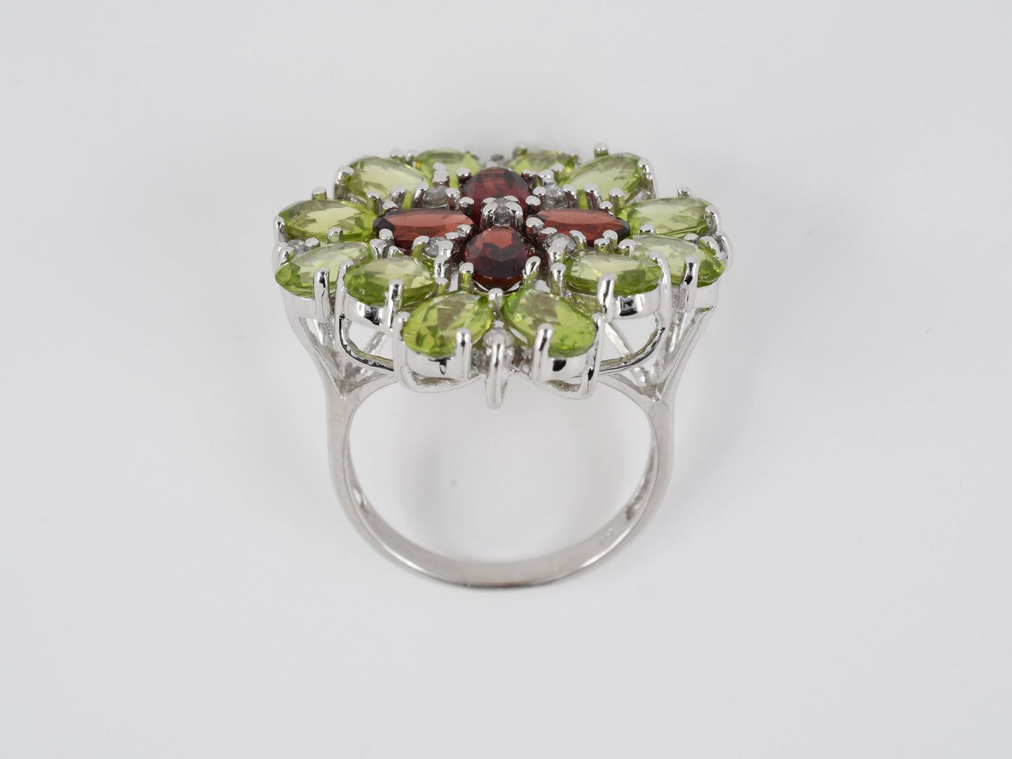 901456 - Gold Peridot Garnet Diamond Flower Cluster Dinner Ring