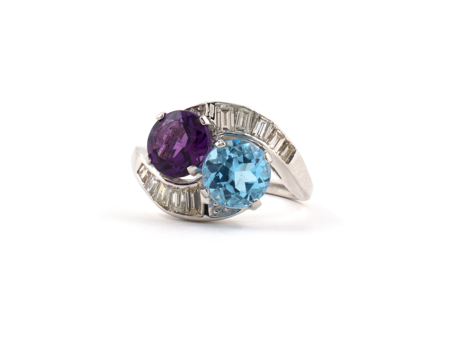 90146 - SOLD - Circa 1950's Platinum Amethyst Topaz Diamond Twist Ring