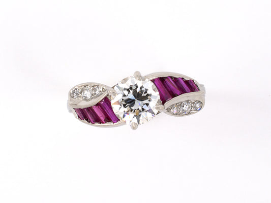 901482 - Art Deco Platinum GIA Diamond Ruby Engagement Ring