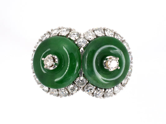 901503 - Circa 1960s Gold Jadeite Diamond 2 Stone Cluster Ring