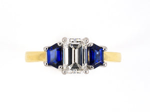 901511 - SOLD - Gold Platinum GIA Diamond Sapphire 3-stone Trapezoid Engagement Ring