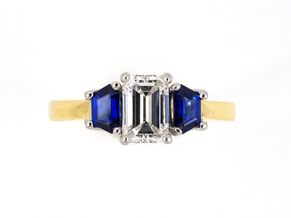 901511 - SOLD - Gold Platinum GIA Diamond Sapphire 3-stone Trapezoid Engagement Ring