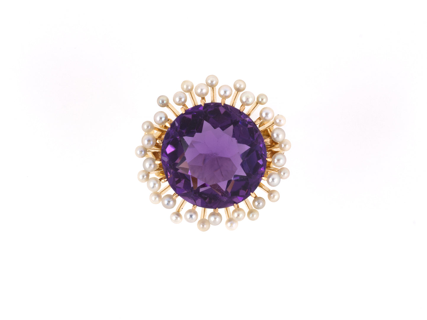 901555 - Victorian Gold Amethyst Pearl Round Cluster Cocktail Ring