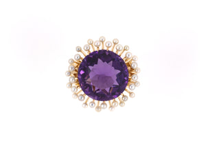 901555 - Victorian Gold Amethyst Pearl Round Cluster Cocktail Ring