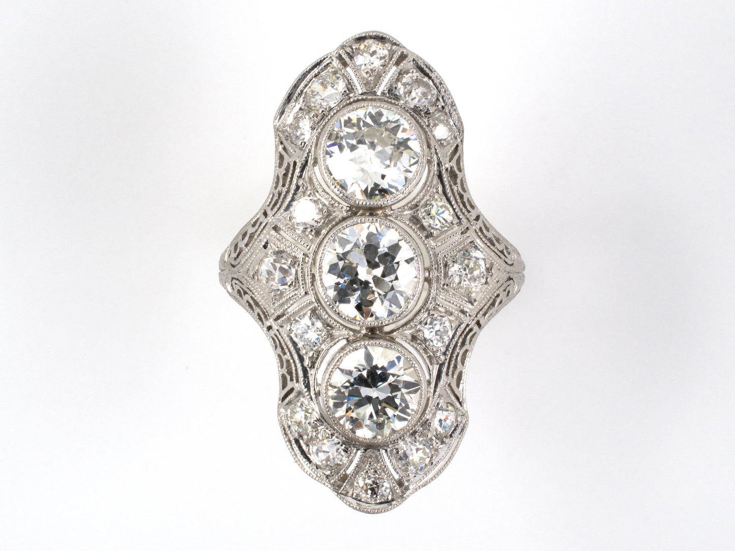 901596 - SOLD - Art Deco Platinum Diamond Filigree 3 Stone Dinner Ring