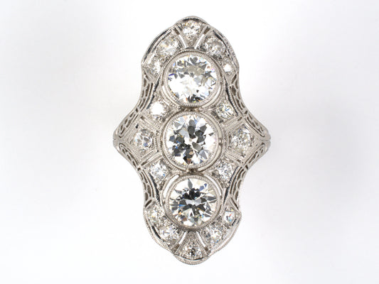 901596 - SOLD - Art Deco Platinum Diamond Filigree 3 Stone Dinner Ring