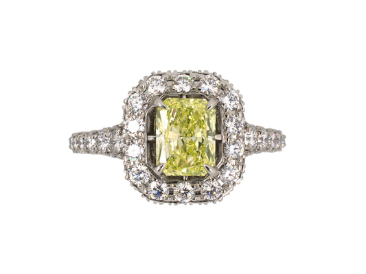901601 - Cerro Platinum GIA Fancy Yellow Green Radiant Cut Diamond Ring