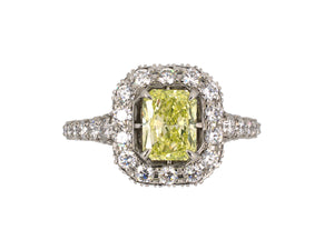 901601 - Cerro Platinum GIA Fancy Yellow Green Radiant Cut Diamond Ring