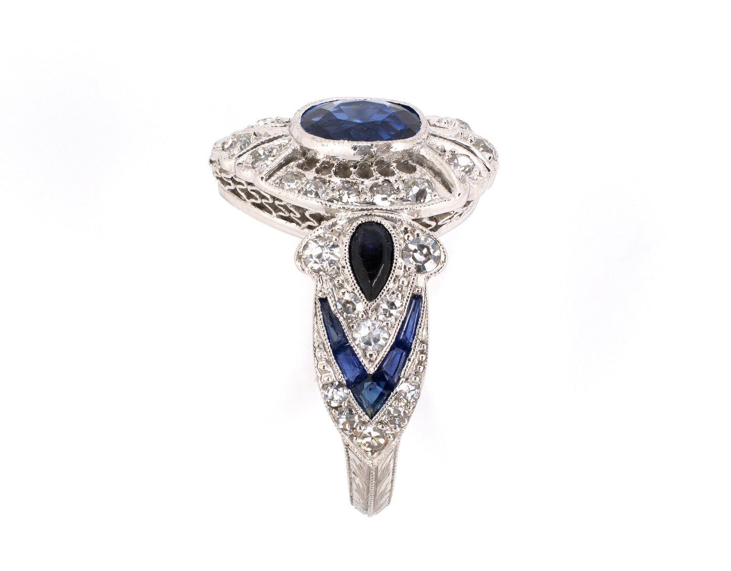 901661 - Art Deco Platinum AGL Sapphire Diamond Filigree Engagement Ring