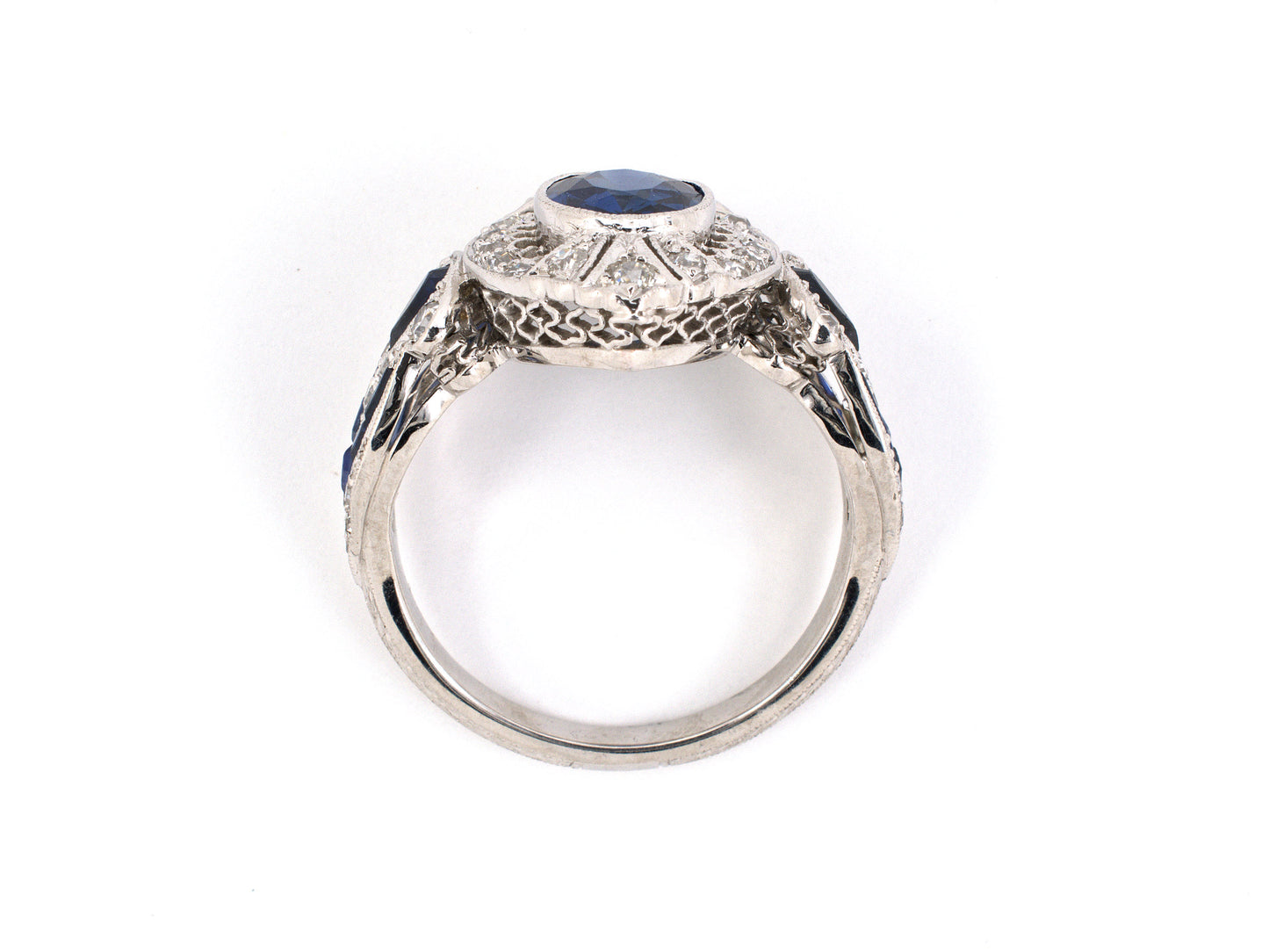 901661 - Art Deco Platinum AGL Sapphire Diamond Filigree Engagement Ring