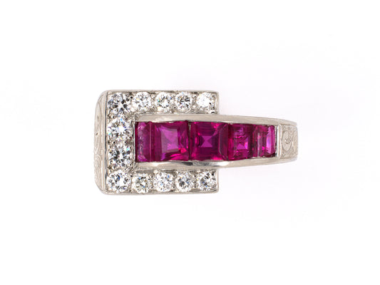 901706 - Circa 1936 Art Deco Black Starr & Frost Gorham Platinum Diamond Ruby Ring