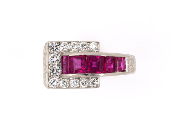 901706 - Circa 1936 Art Deco Black Starr & Frost Gorham Platinum Diamond Ruby Ring