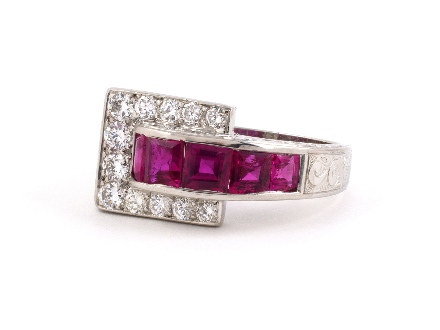 901706 - Circa 1936 Art Deco Black Starr & Frost Gorham Platinum Diamond Ruby Ring