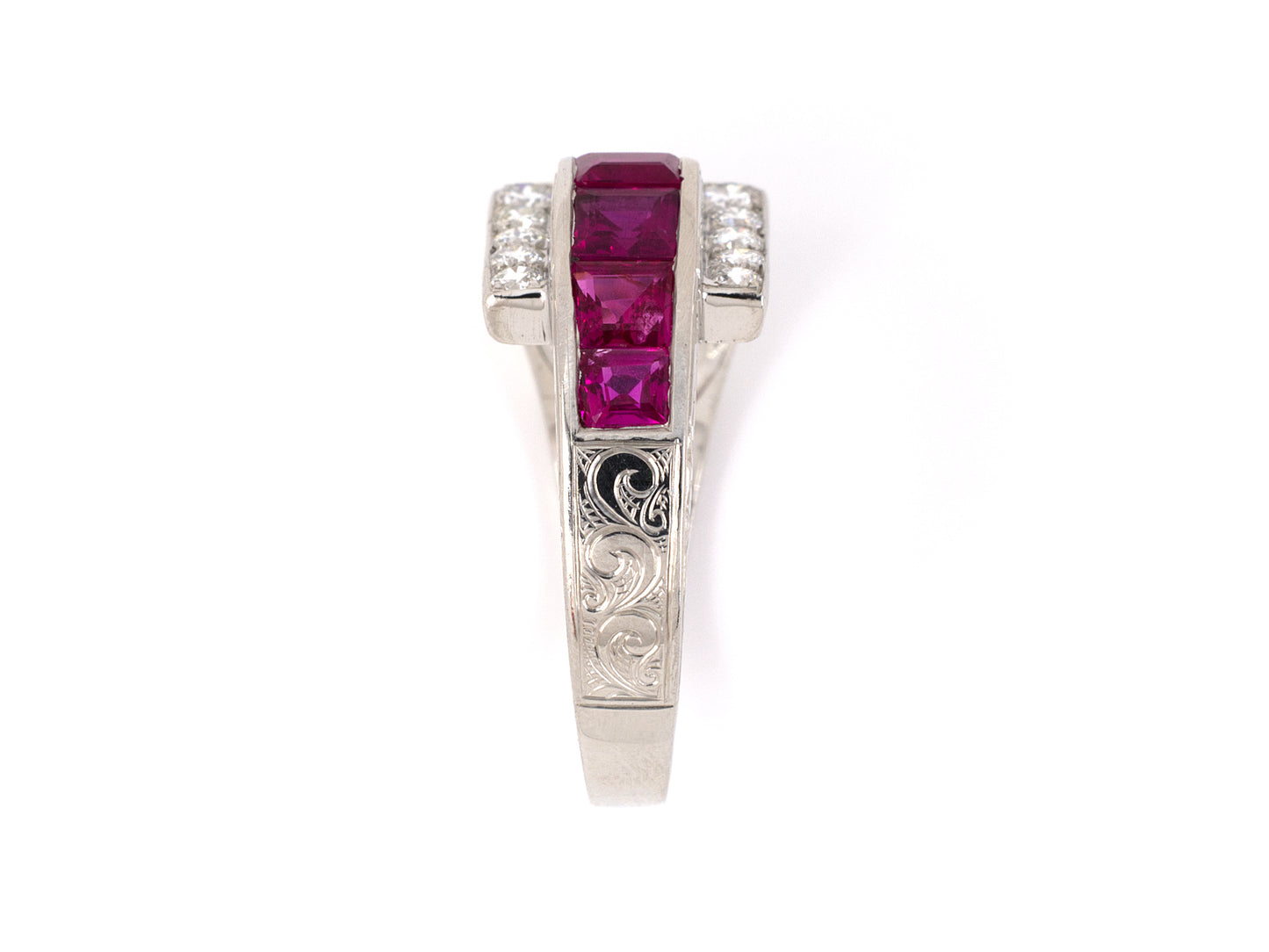901706 - Circa 1936 Art Deco Black Starr & Frost Gorham Platinum Diamond Ruby Ring
