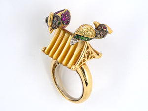 901728 - SOLD - Gold Diamond Ruby Yellow Sapphire Pink Tsavorite Sapphire Mother Of Pearl Bird House Ring