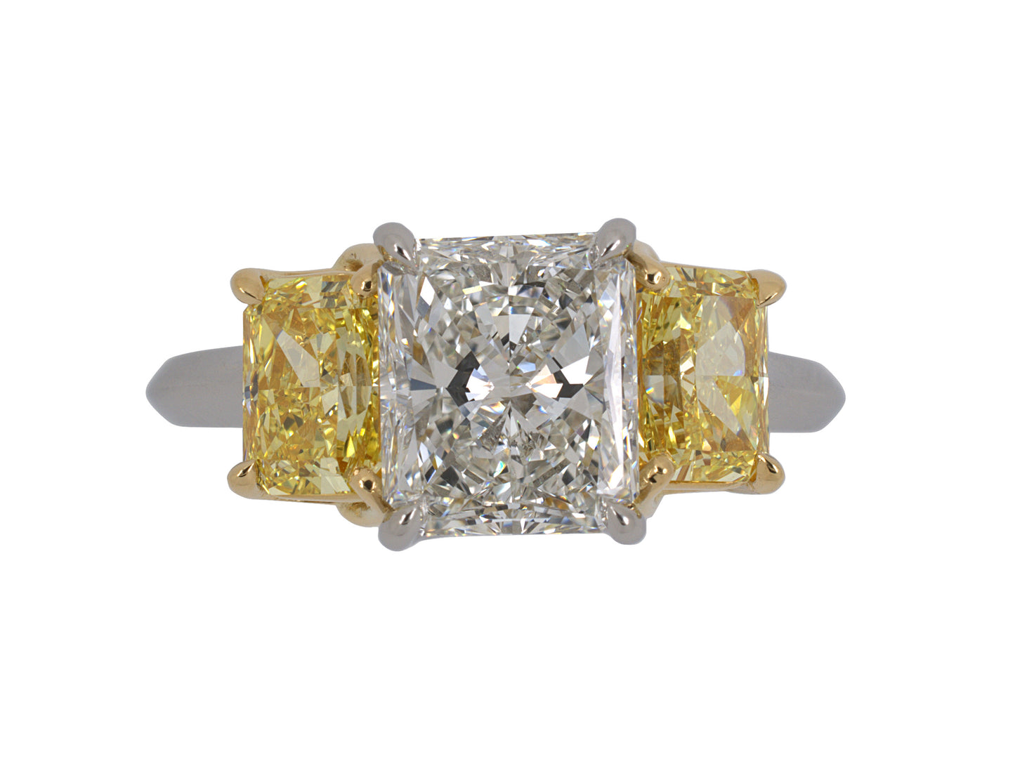 901778 - SOLD - Platinum Gold GIA Yellow Radiant Cut Diamond 3 Stone Ring
